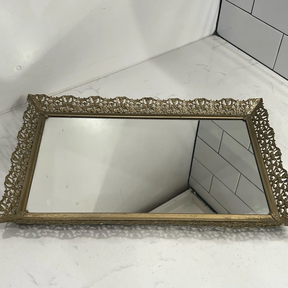 Vintage Gold Filigree Vanity Dresser Hollywood Regency Mirror Tray